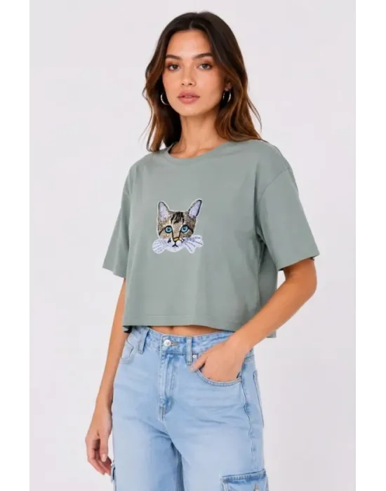 Kedi Baskılı Oversize Crop Tişört Salaş Basic Yarım Kol T-shirt - Mint Yeşili