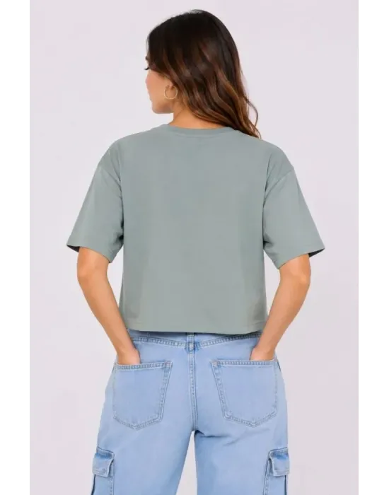 Kedi Baskılı Oversize Crop Tişört Salaş Basic Yarım Kol T-shirt - Mint Yeşili
