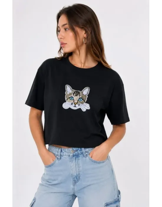 Kedi Baskılı Oversize Crop Tişört Salaş Basic Yarım Kol T-shirt - Siyah