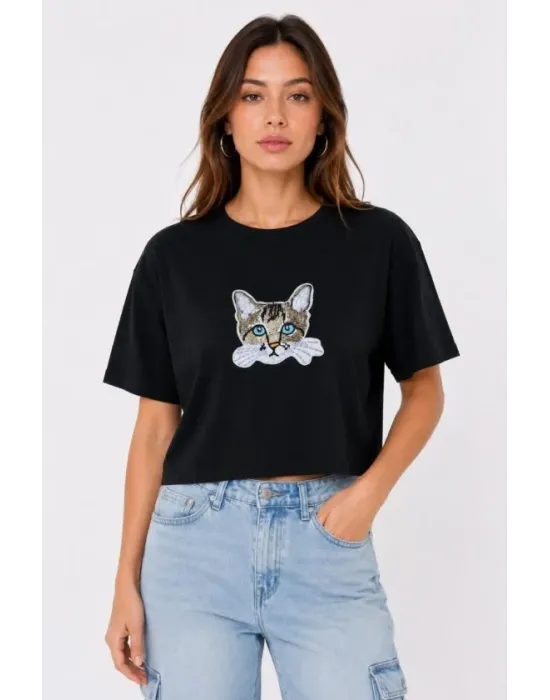 Kedi Baskılı Oversize Crop Tişört Salaş Basic Yarım Kol T-shirt - Siyah