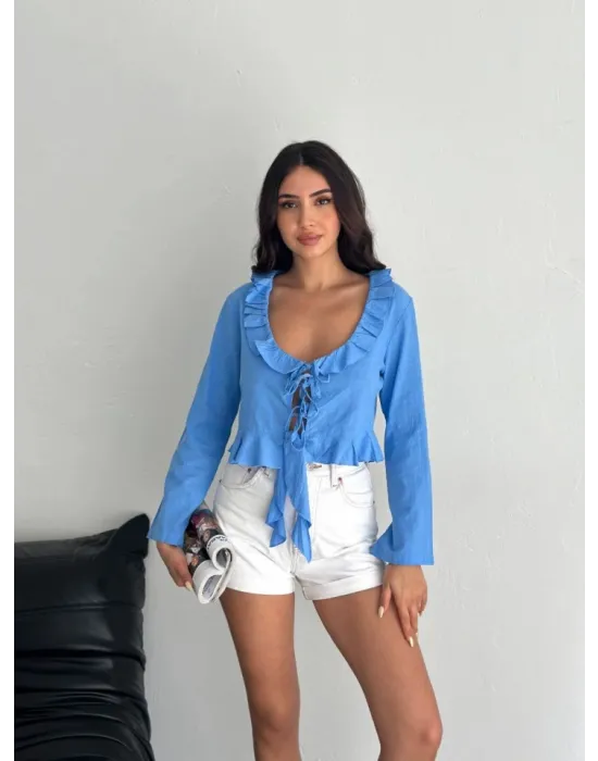 Keten Uzun Kol Bağacık Detaylı Bluz - Mavi