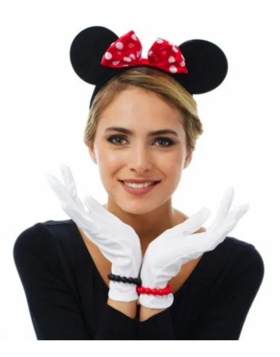Kırmızı Fiyonklu Minnie Mouse Tacı Ve Beyaz Eldiven Seti