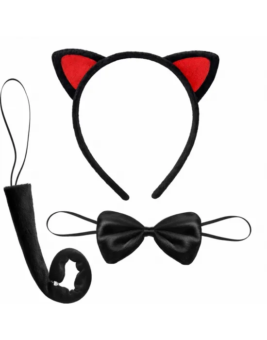 Kırmızı Kulaklı Kedi Kostüm Seti – Taç Papyon Kuyruk 3 Parça