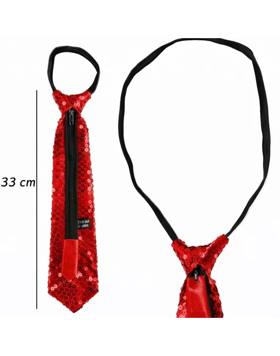 Kırmızı Pul Payetli Işıltılı Parti Kravatı 33 Cm