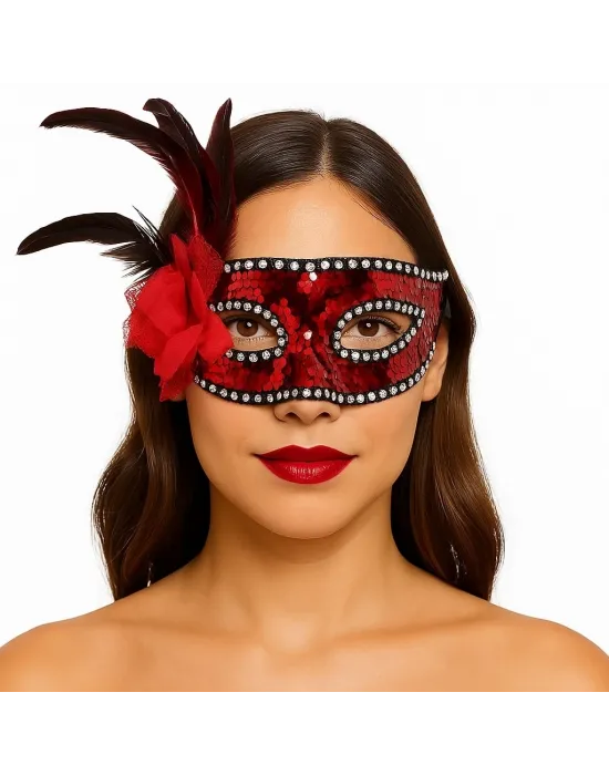 Kırmızı Renk Yandan Tüylü Güllü Gümüş Taşlı Pullu Maske 20x22 Cm