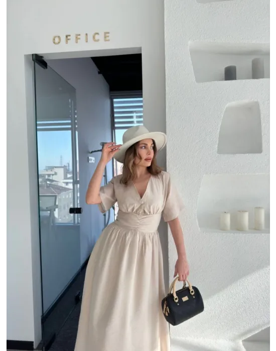 Kısa Kollu Uzun Elbise - Kırık Beyaz