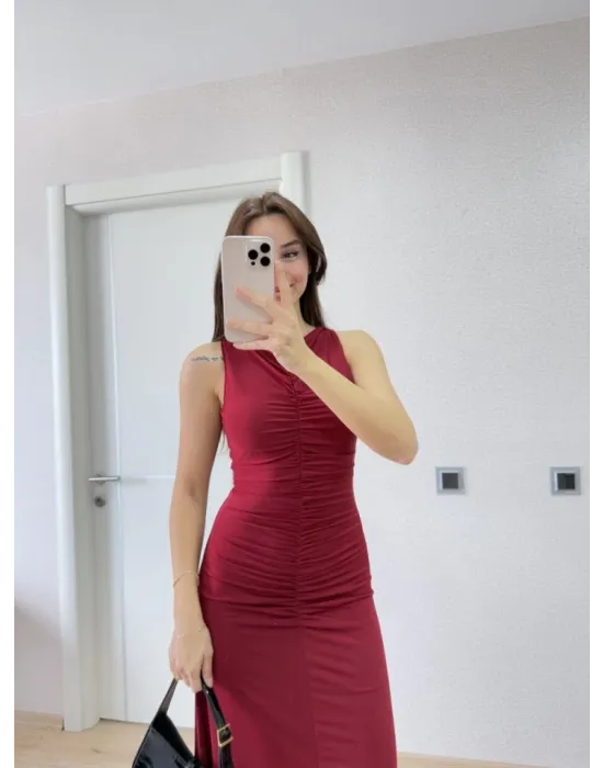 Kolsuz Büzgülü Uzun Elbise - Kırmızı