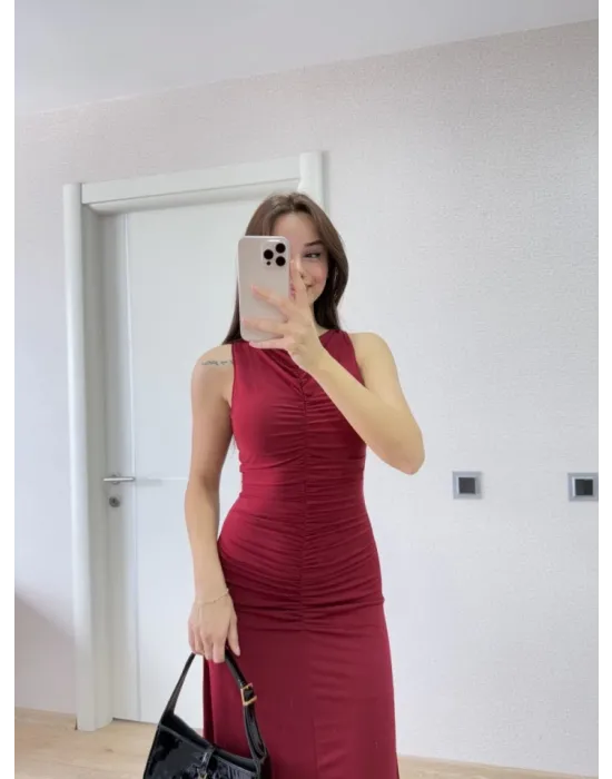 Kolsuz Büzgülü Uzun Elbise - Kırmızı