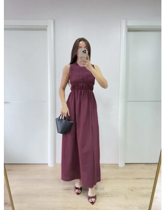 Kolsuz Göğüs Lastıklı Uzun Elbise - Bordo