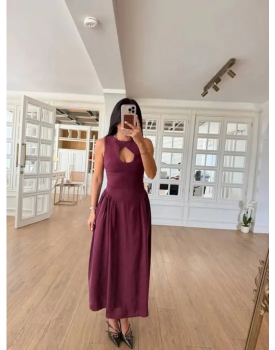Kolsuz Uzun Kabardin Elbise - Bordo