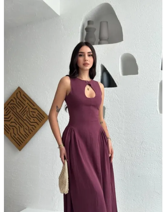 Kolsuz Uzun Kabardin Elbise - Bordo