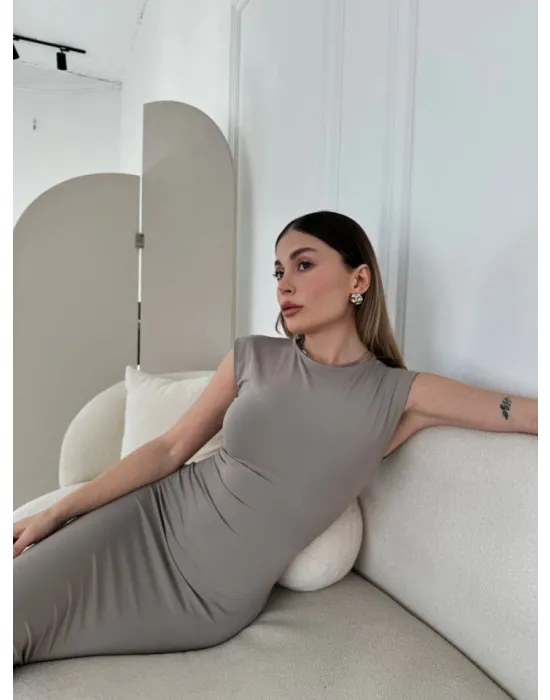 Kolsuz Uzun Likralı Elbise - Gri