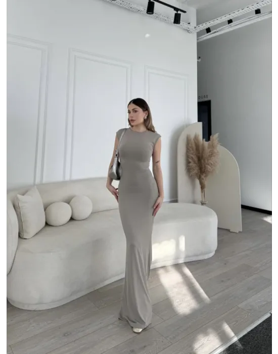 Kolsuz Uzun Likralı Elbise - Gri