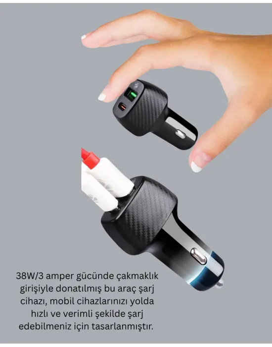 Kompakt Tasarımlı Type-c + Usb Girişli Araç Şarj Başlığı