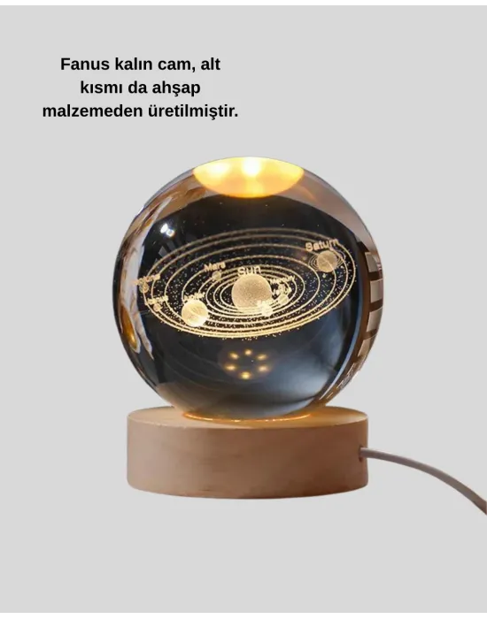 Kristal Gezegen Küre Ahşap Tabanlı Usb Işıklı Gece Lambası