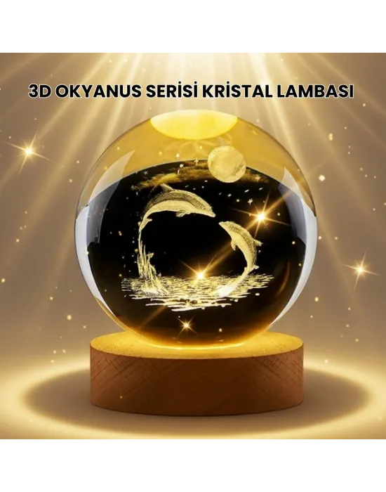Lazer İşlemeli Yunus Kristal Küre Sıcak Işıklı Ahşap Standlı