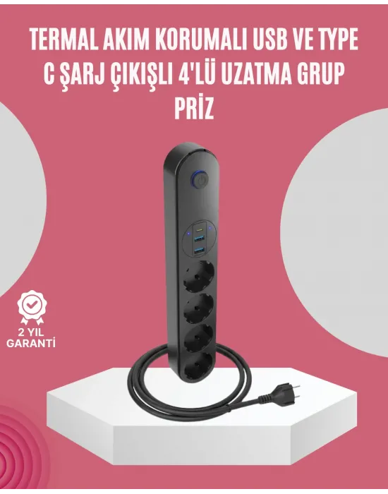 Led Anahtarlı Akım Korumalı Çoklu Priz 4 Priz 3 Usb Girişli