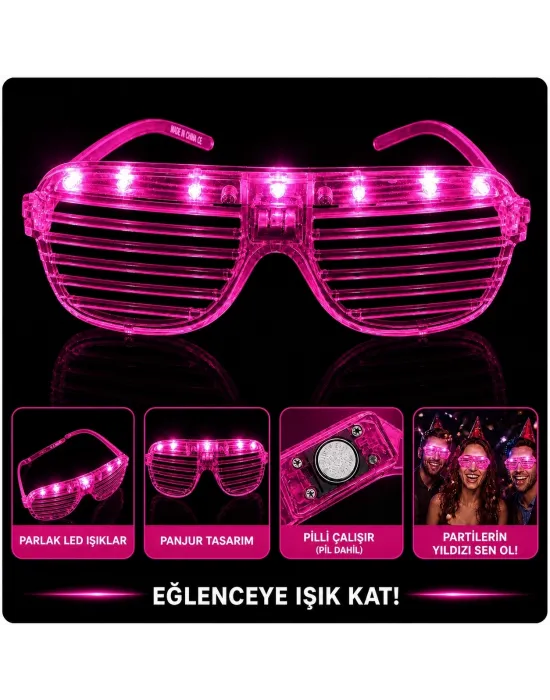 Led Işıklı Panjur Parti Gözlüğü Pembe Renk Shutter Gözlük