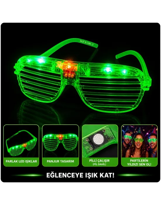 Led Işıklı Panjur Parti Gözlüğü Yeşil Renk Shutter Gözlük