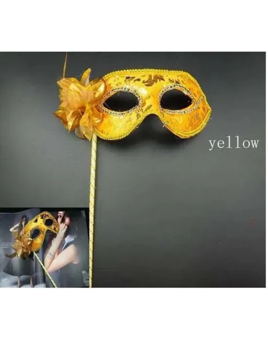 Lüks Taşlı Saplı Maskeli Balo Maskesi Altın Renk 35 Cm