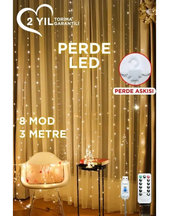 Lw-7 300 Ledli 10 Sarkıt Perde Led Işık, 8 Modlu Uzaktan Kumandalı, 3x3 Metre Peri Telli Led