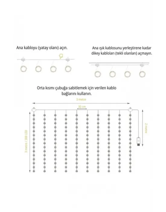 Lw-7 300 Ledli 10 Sarkıt Perde Led Işık, 8 Modlu Uzaktan Kumandalı, 3x3 Metre Peri Telli Led