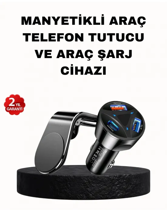 Manyetik Araç Telefon Tutucu Ve Hızlı Şarj Adaptörü 2’li Set