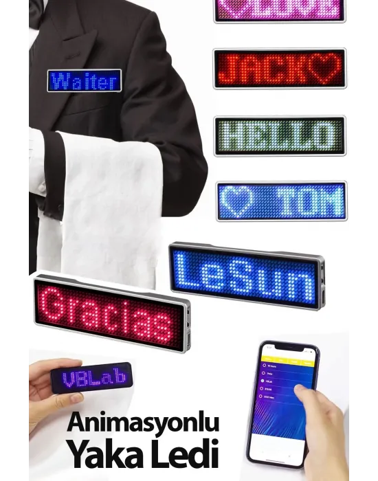 Matrix Kayan Led Yaka Rozeti Mobil Kontrollü Dijital Etiket 9×3cm