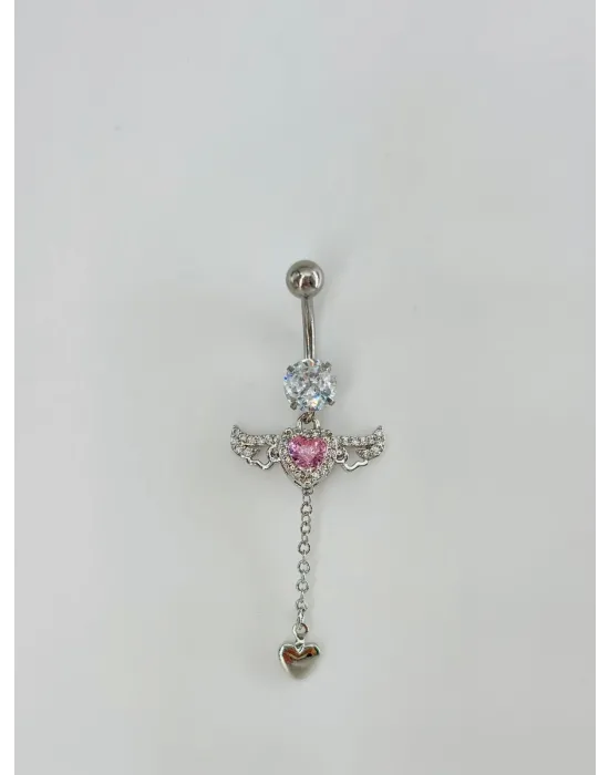 Melek Kanatlı Pembe Taşlı Sallantılı Göbek Piercing - Pg0124
