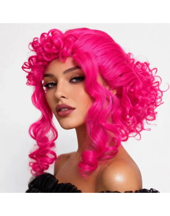 Neon Pembe Bukleli Kıvırcık Cosplay Peruğu - İçi Astarlı