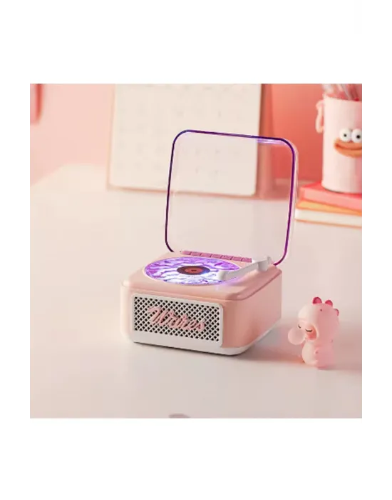 Nostalji Mini Plak Görünümlü Radyolu Bluetooth Hoparlör 3d Ses Dalgası Retro Müzik Plak Pembe