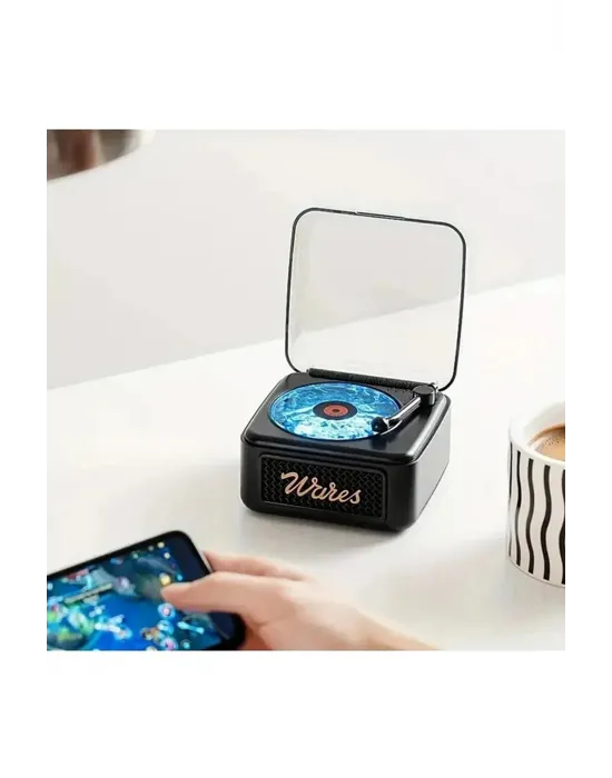 Nostalji Mini Plak Görünümlü Radyolu Bluetooth Hoparlör 3d Ses Dalgası Retro Müzik Plak Siyah