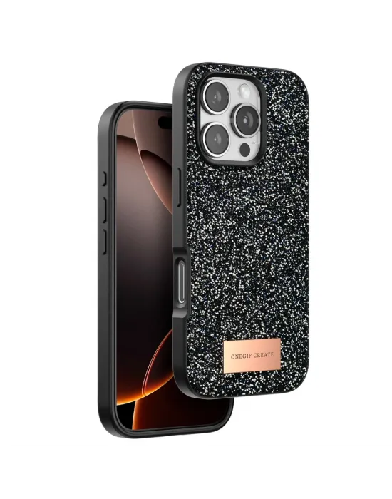 Onegif Apple İphone 16 Pro Bright Simli Kapak - Siyah