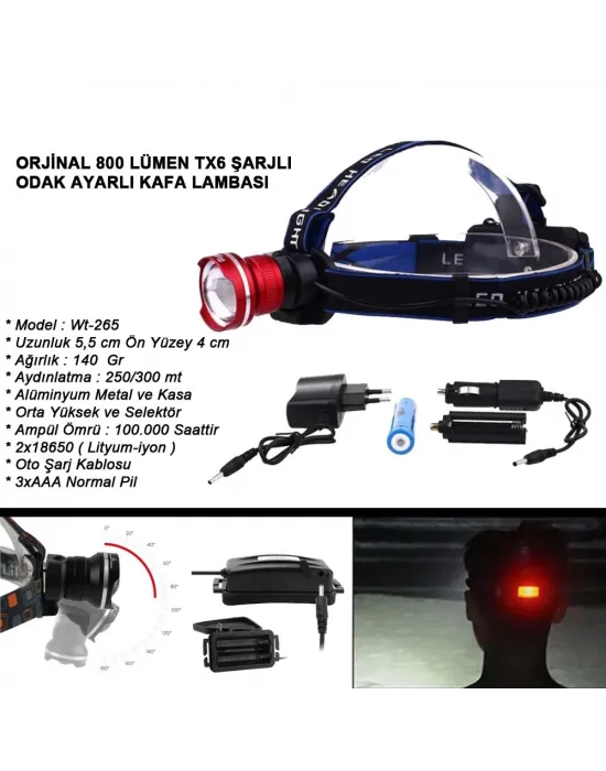 Orjinal 800 Lümen T6 Şarjlı Kafa Feneri  Wt-265