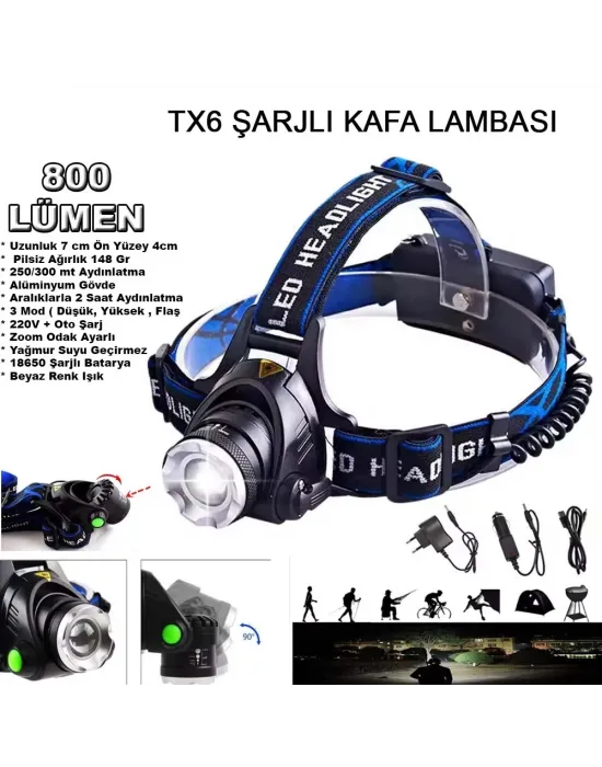 Orjinal 800 Lümen Tx6 Şarjlı Zoomlu Kafa Feneri Wt-120