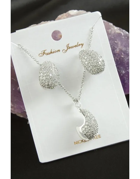 Oval Zirkon Taşlı Lüks Set Kolye