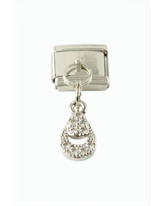 Oval Zirkon Taşlı Sallatılı Çelik Charm