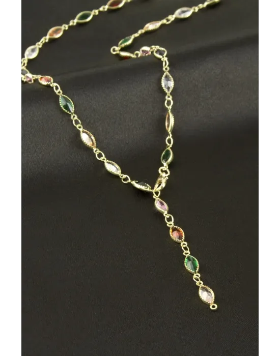 Oval Zirkon Taşlı Y Kolye