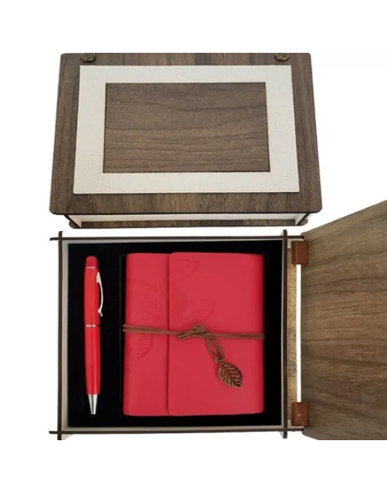 Özel Ahşap Kutulu Kırmızı Deri Defter ve Kalem Set