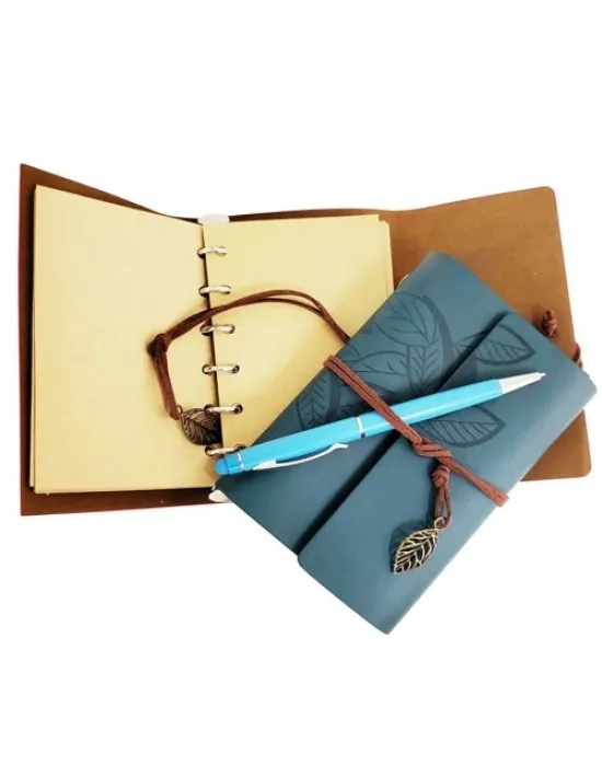 Özel Ahşap Kutulu Mavi Deri Defter ve Kalem Set