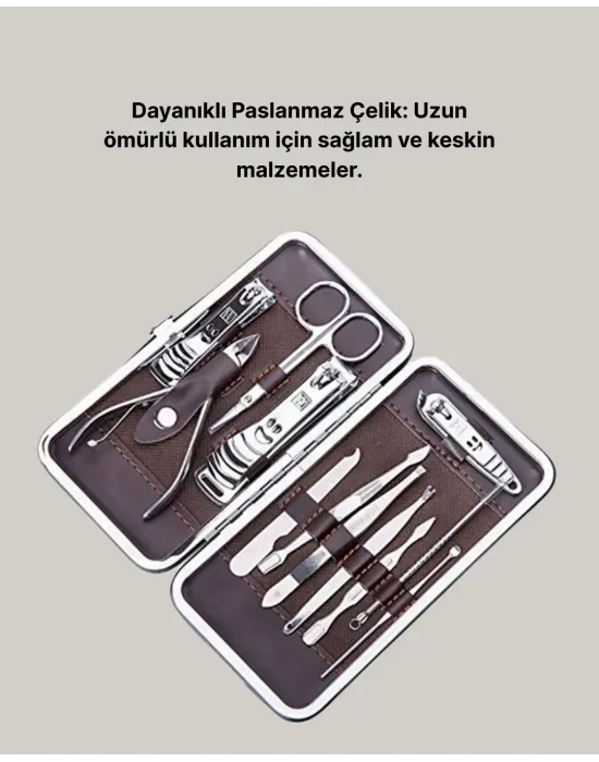 Özel Deri Çantalı 12 Parça Manikür Pedikür Bakım Seti Paslanmaz Çelik