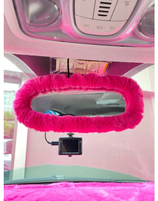 Peluş Dikiz Ayna Kılıfı Süs Fuşya Pembe