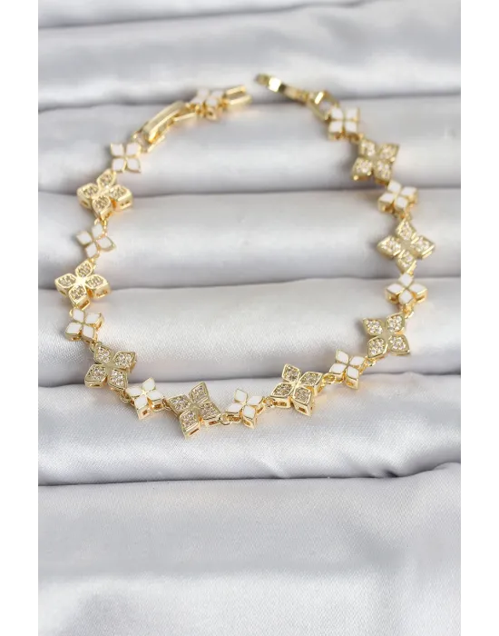 Pirinç Zirkon Taşlı ve Mineli Yonca Model Gold Renk Kadın Bileklik