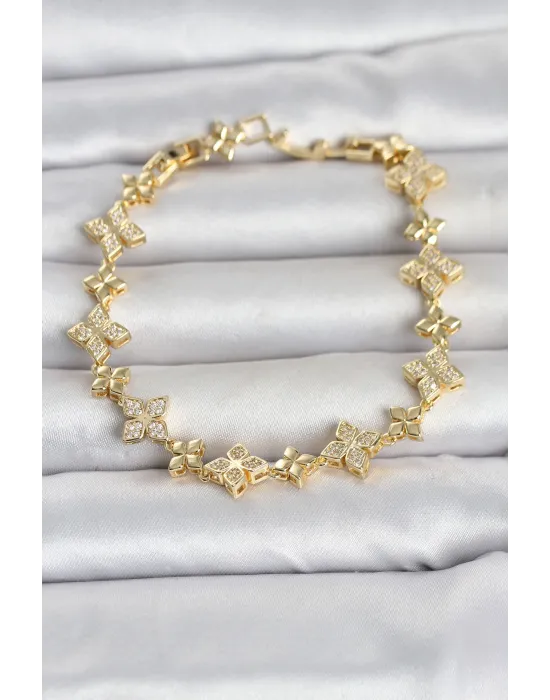 Pirinç Zirkon Taşlı Yonca Model Gold Renk Kadın Bileklik