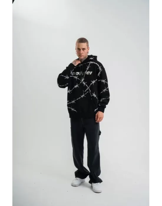 POLIZEI Premium Kalite Kapşonlu Varak Ve Pano Baskılı SweatShirt - Siyah
