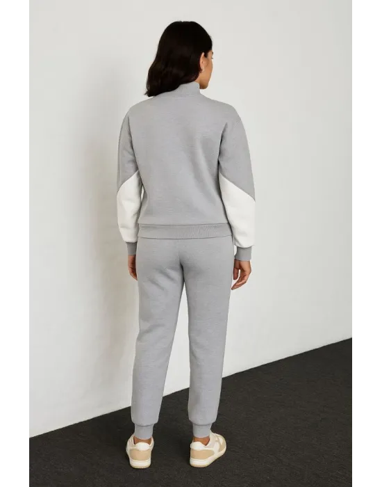 Premium Parçalı Eşofman Takım - Dik Yaka Fermuarlı Sweatshirt - Gri