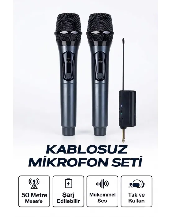 Profesyonel Çiftli Kablosuz Mikrofon Seti Karaoke Şarj Edilebilir 50 Metre