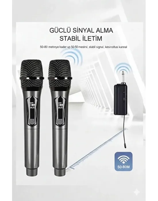 Profesyonel Çiftli Kablosuz Mikrofon Seti Karaoke Şarj Edilebilir 50 Metre