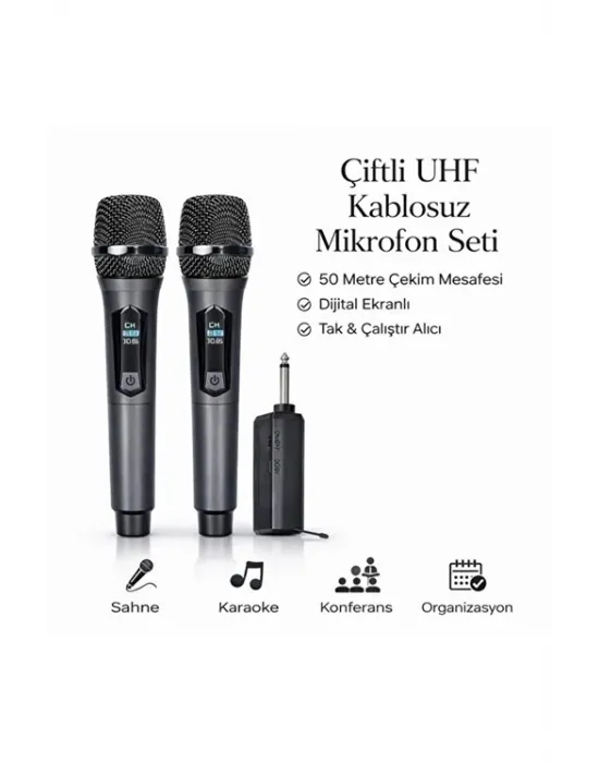 Profesyonel Çiftli Kablosuz Mikrofon Seti Karaoke Şarj Edilebilir 50 Metre