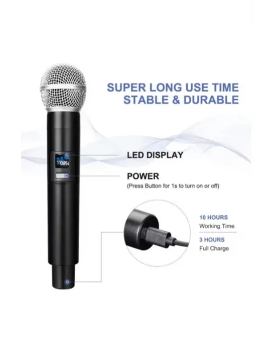 Profesyonel Çiftli Kablosuz Mikrofon Seti Karaoke Şarj Edilebilir 50 Metre Mesafe